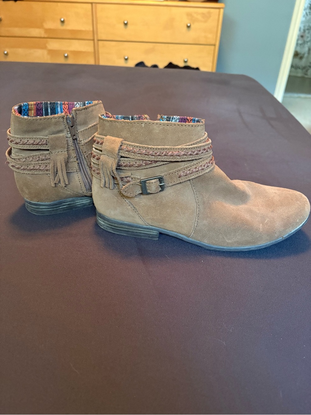 Minnetonka Tan Suede Ankle Booties with Braided Straps